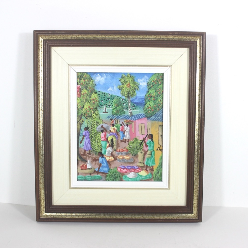 Vintage Original Art Painting, Signed by Artist, Haitian Market Tropical, Carib